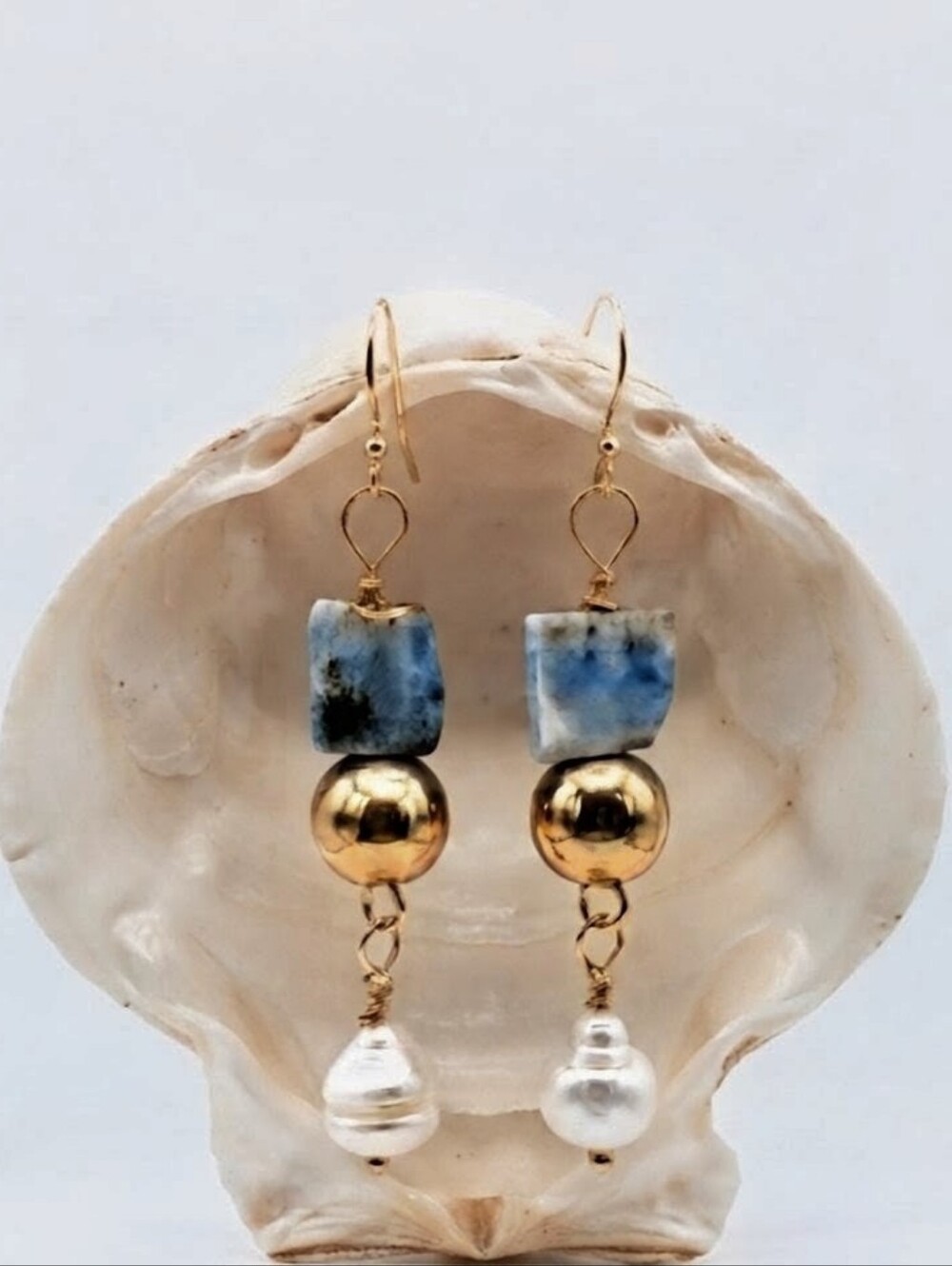 Sky Blue Larimar  & Freshwater Pearl In Gold Plated Earrings